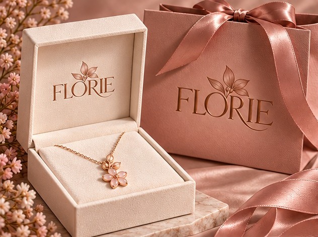 Caixa Florie com colar e sacola de presente com laço