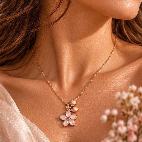 Colar Florie com pingente de flor no colo de uma mulher